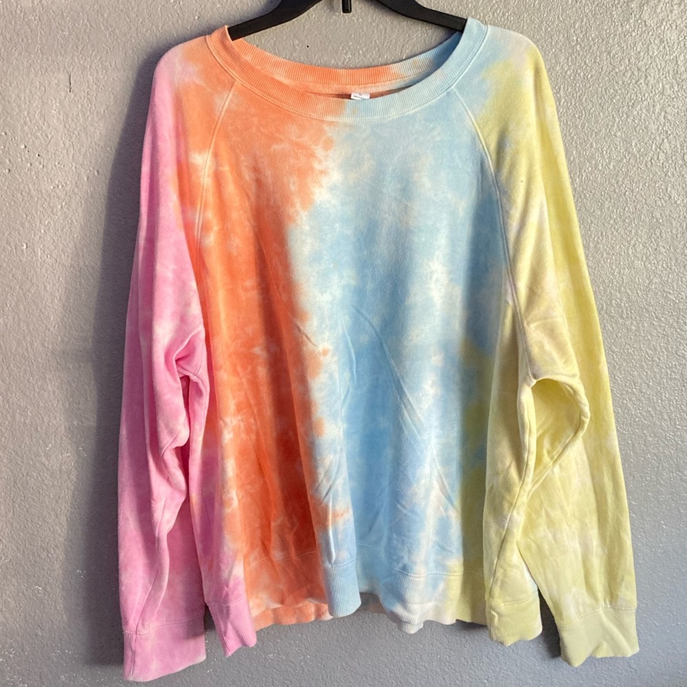 Old Navy pastel colored tie-dye crewneck. Light pink, orange, blue, and yellow.